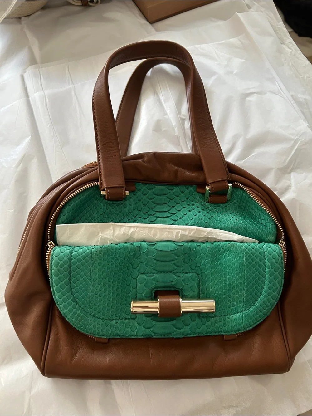 Jimmy Choo Brown Leather Satchel with Green Snakeskin Front Pocket